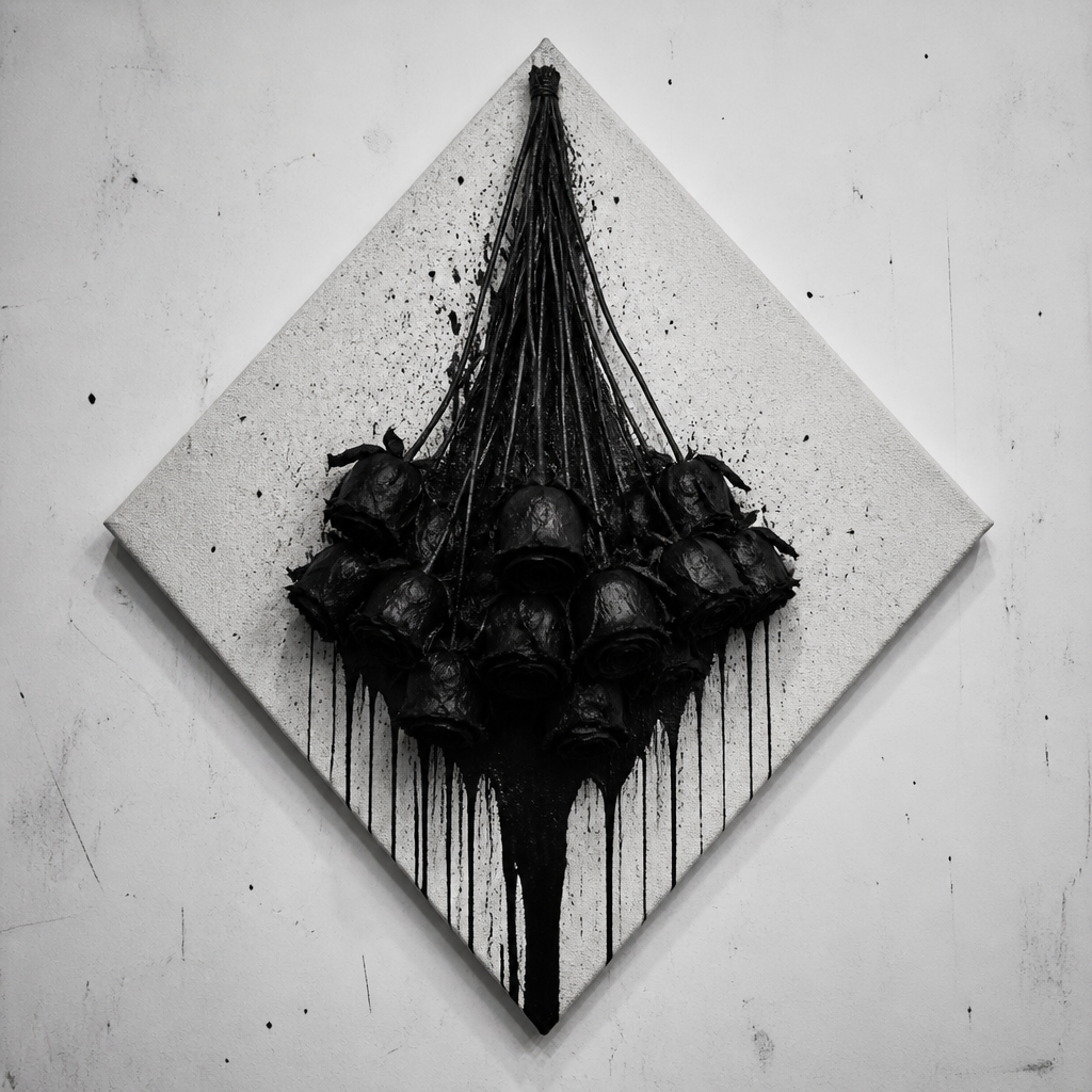 Black Rose III — dense cluster of upside-down black roses with long vertical drips on unprimed linen